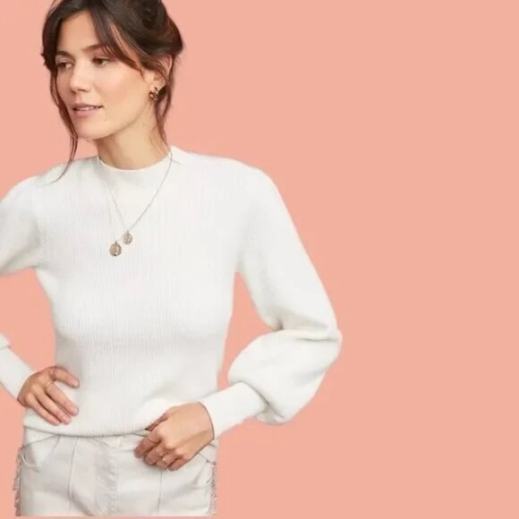 Line & Dot Ivory Puff Sleeve Sweater [M] - Picture 1 of 6